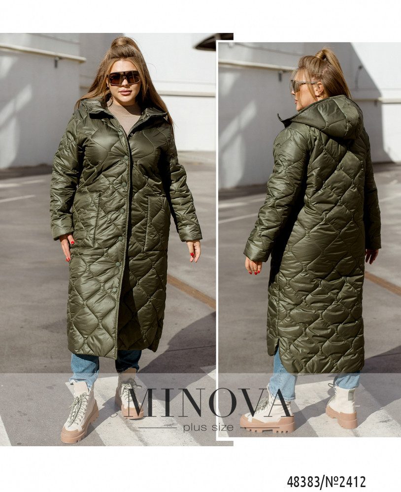 Модне довге пальто із плащової тканини з утепленням, кольору хакі великих розмірів від 46 до 68