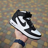 Кроссовки женские зимние Nike Air Force White Black черно-белые высокие найк повседневные