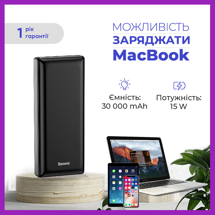 Повербанк Baseus 30000mAh для ноутбука планшета 3 порта USB Павербанк Базеус зі швидкою зарядкою Power Delivery PRF