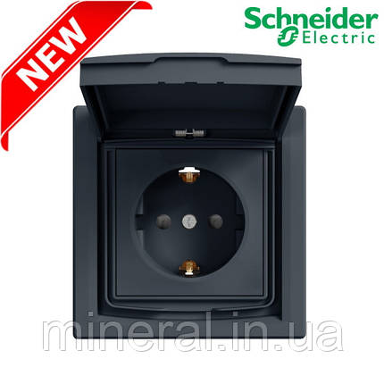 Розетка 220В Schneider Electric EPH3100371 Asfora IP44, антрацит, пластик, із заземленням, Schuko, ip44, із захисною кришкою, зі, фото 1