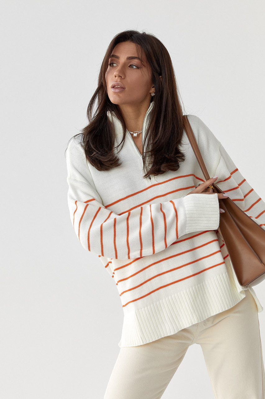 Купити В'язаний светр у смужку з подовженою спинкою жовтогарячий колір ...