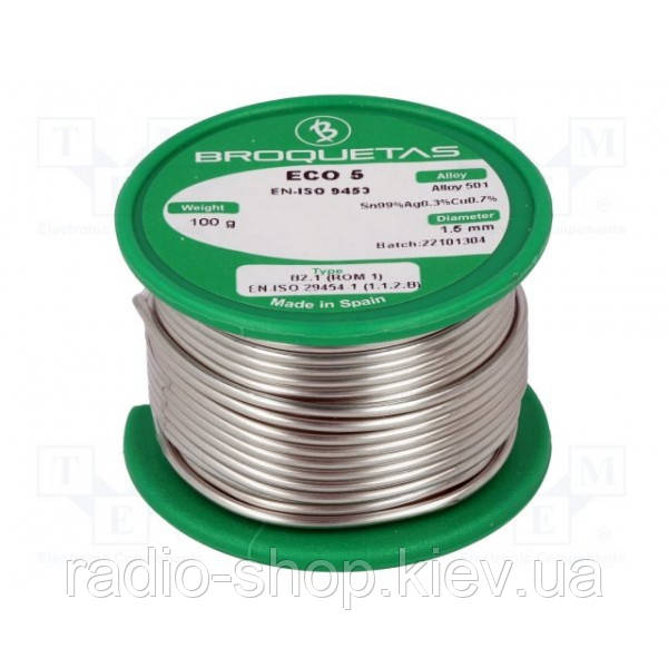 Припой Broquetas Sn99, Ag0,3, Cu0,71,5мм, 100гр. (ECO5-15/01H), фото 1