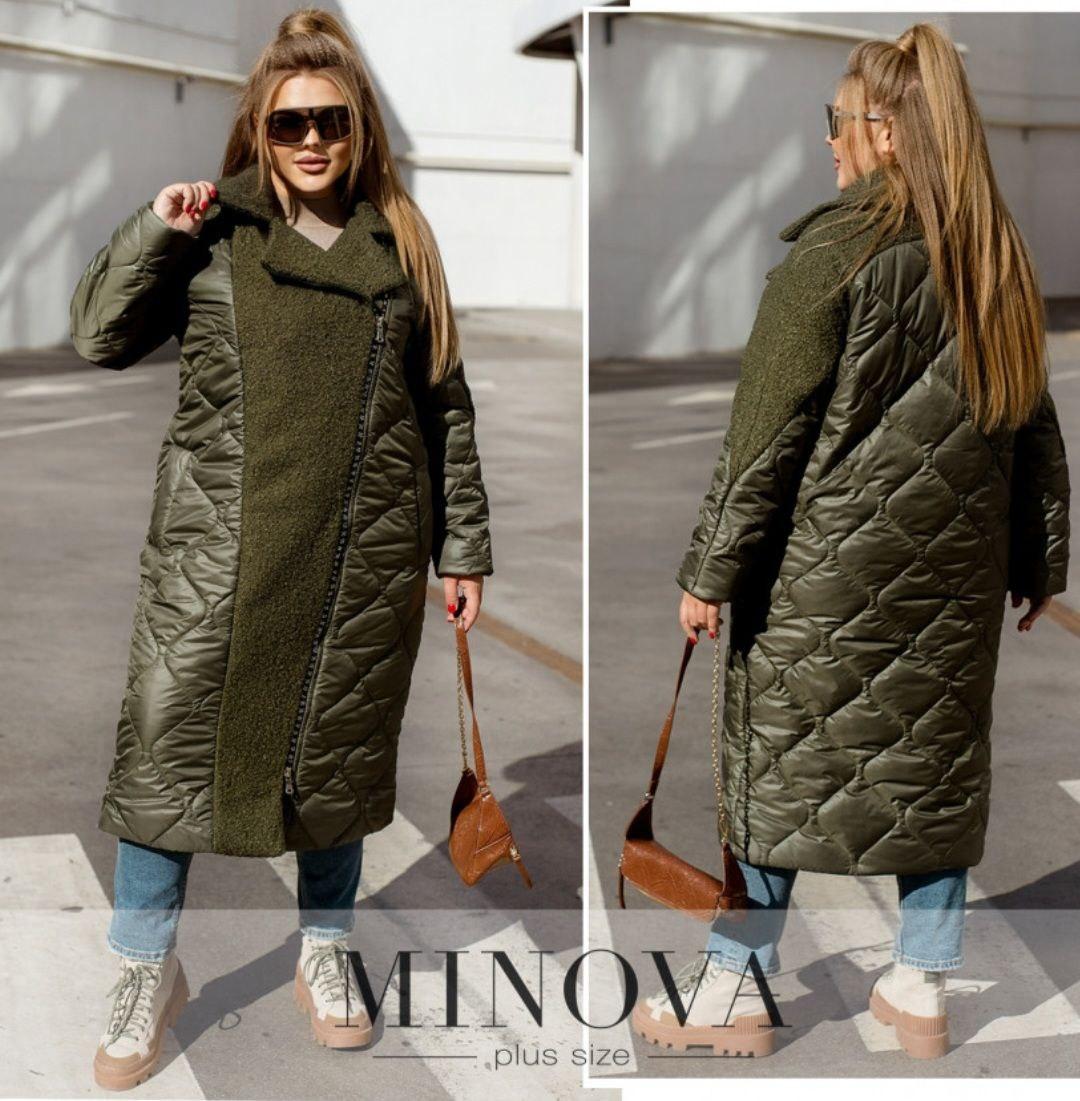 Тепле жіноче пальто з плащової тканини хакі зі вставками букле (7 кольорів) ЮР/-782413