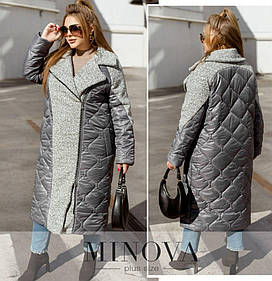 Тепле жіноче пальто сіре з плащової тканини зі вставками букле (7 кольорів) ЮР/-782413