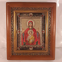 Икона Знамение Пресвятая Богородица, лик 10х12 см, в коричневом деревянном киоте с камнями