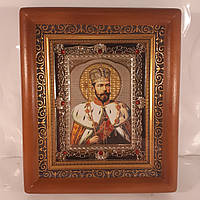 Икона Николай Александрович святой царь Мученик, лик 10х12 см, в коричневом деревянном киоте с камнями