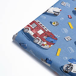 Клапоть ранфорсу  "Службовий транспорт" на світло-синьому, №4343, розмір 20*240 см