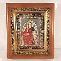 Икона Архангел Михаил святой, лик 10х12 см, в коричневом деревянном киоте с камнями