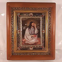 Икона Плач Иисуса Христа об абортах, лик 10х12 см, в коричневом деревянном киоте с камнями