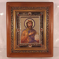 Икона Ярослав Мудрый святой благоверный князь, лик 10х12 см, в коричневом деревянном киоте с камнями