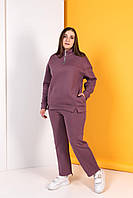 Женский теплый спортивный костюм большого размера: кофта с молнии и прямые брюки, сливовый 50-56