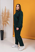 Повседневный женский брючный спортивный костюм темно-зеленый с прямыми штанами 50-56