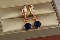 Серьги подвески Xuping Jewelry с синим круглым камнем 3.1 см золотистые