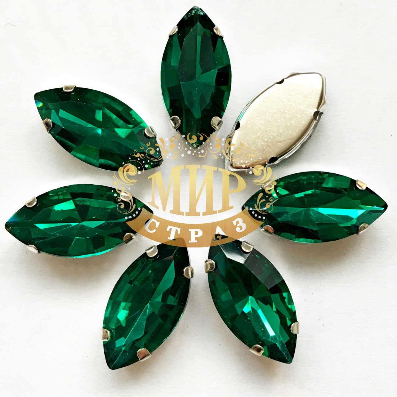 Стрази в цапах 9х18мм Колір Green Zircon