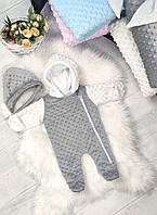 Детский теплый человечек с шапочкой на завязках (мягкий плюш) - осень / зима 0-3 мес