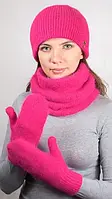 Ангоровий комплект Мискантус ODYSSEY із шапки, бафа та рукавичок зимовий теплий Малина