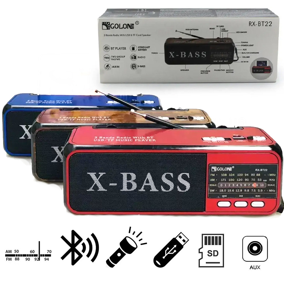 Радіоприймач акумуляторний GOLON RX-BT22 з ліхтарем та Bluetooth колонкою вхід під usb та флеш-карту