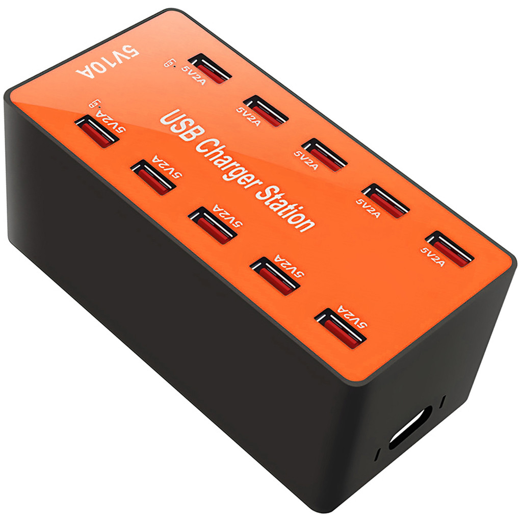 Багатопортовий мережевий зарядний пристрій на 10 USB роз'ємів Addap CS-A5B, док-станція для зарядки, 50W, Orange