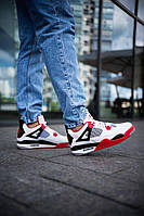 Air Jordan Retro 4 белые с красным мужские демисезонные кроссовки. Осень/весна, мужские кожаные кроссовки.