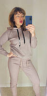 Женский кашемировый вязаный костюм пудра кофта свободная с капюшоном штаны высокие на манжетах узкие