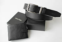 Чоловічий подарунковий набір Calvin Klein ремінь та гаманець black / Мужской подарочный набор ремень и кошелек