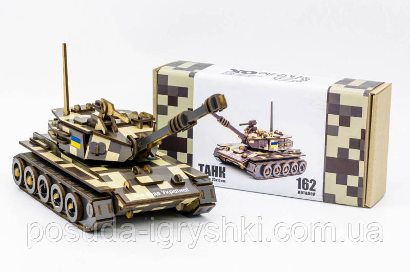 Дерев'яний 3D конструктор "Танк" 162 деталі 162-0074 розмір 33*16 см. PuzzleOK, фото 1