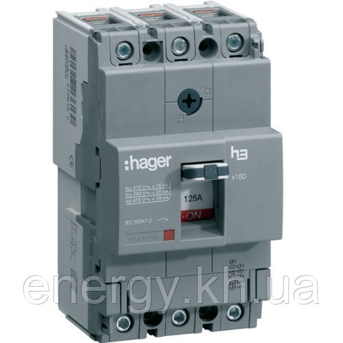 Автоматичний вимикач x160, In=125А, 3п, 18kA, Тфікс/Мфікс, Hager HDA125L