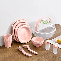 Набор пластиковой посуды для пикника 6 персон 48 предметов, пищевой пластик розовый