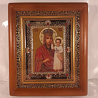 Икона Призри на смирение Пресвятая Богородица, лик 10х12 см, в коричневом деревянном киоте с камнями