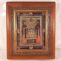 Икона Петр и Феврония Муромские святые благоверные, лик 10х12 см, в коричневом деревянном киоте с камнями