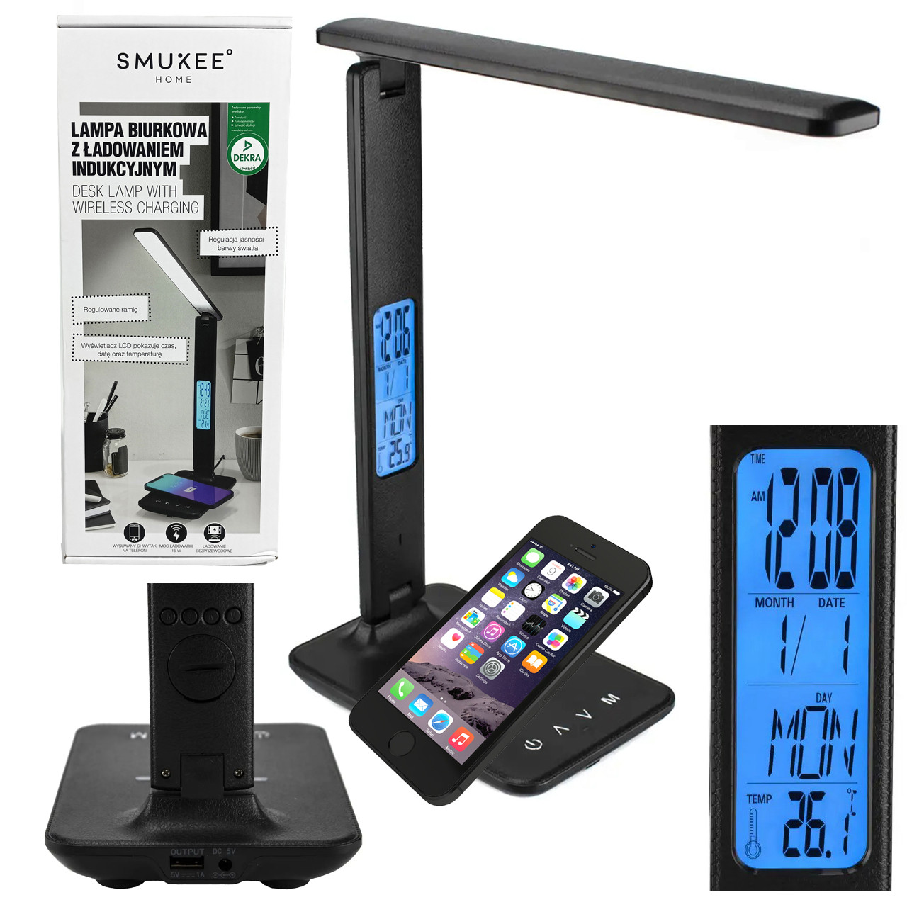 Настольная лампа SMUKEE OW-3912 Black (с часами LCD, зарядным устройством,  Польша) (ID#1703332274), цена: 1499 ?, купить на Prom.ua