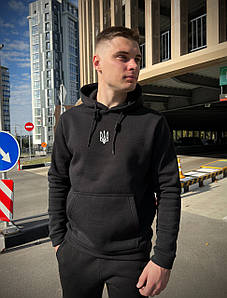 Зимовий партиотичний худі з Гербом чорного кольору з начосом/толстовка чорна на зиму на флісі принт Герб