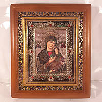 Икона Страстная Пресвятая Богородица, лик 10х12 см, в коричневом деревянном киоте с камнями