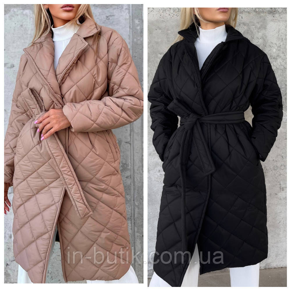 Жіноче весняне стьобане подовжене пальто з поясом. Розмір: 42-44, 46-48, 50-52. Колір: мокко, чорний.