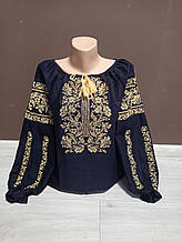 Дизайнерська вишиванка жіноча сорочка блуза з вишивкою льон Багатство 44-50 50-56 розміри темно-синій