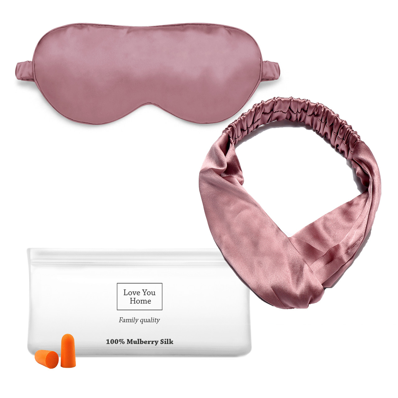 Набір: маска + пов'язка для волосся +чох + оберші Love You Темно-рожевий 100% шовк Рожевий