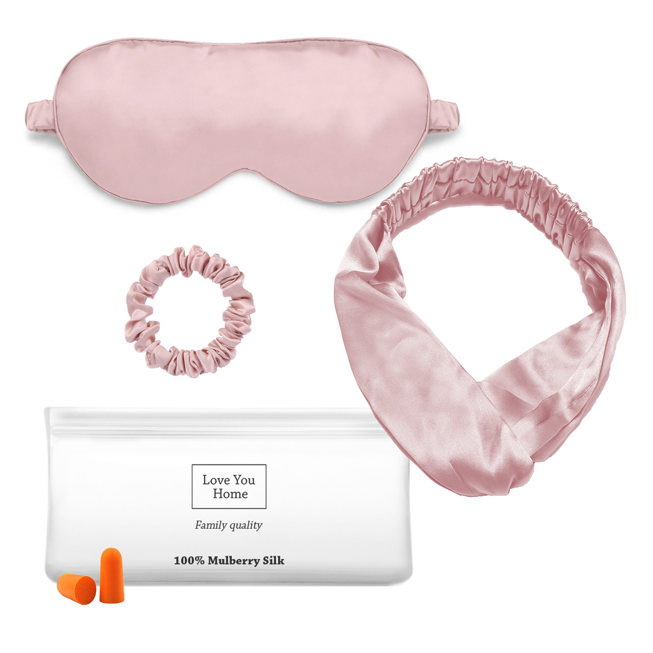 Набір:маска + пов'язка для волосся + гумка + чох +беруші Love You Рожевий 100% шовк
