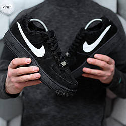 Чоловічі зимові кросівки Nike Air Force 1 Winter Black (Чорні з білим) Взуття Найк Аир Форс В'єтнам низькі натуральний замш хутро