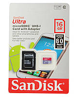 Карта пам`яті 16Gb Micro-SDHC(UHS-1) Sandisk Ultra 80MB/s (adapter)class10 №1606