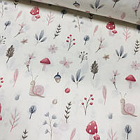 Фланелева тканина равлика з рожевими грибочками та личками на білому (шир. 2,4 м) (FL-Т-0685)