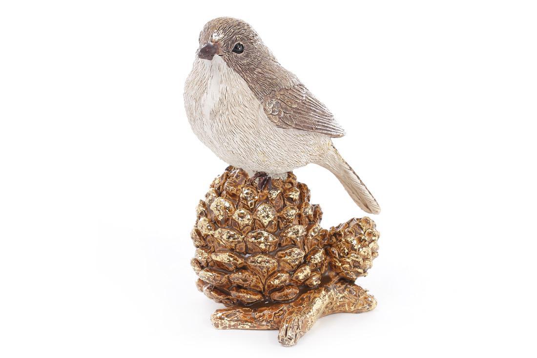 Декоративна фігурка Пташка на шишці в золоті 14 см