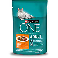 Влажный корм PURINA ONE Adult для взрослых кошек, кусочки в соусе с курицей и зеленой фасолью 85 г