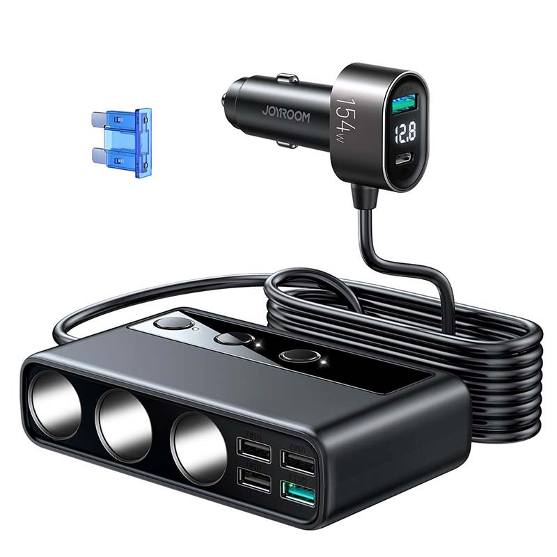 Адаптер автомобільний JOYROOM JR-CL06 5USB, Type-C, 3Sockets, 154W, чорний