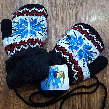 Теплі дитячі в'язані, махрові рукавички з мотузкою та відворотом 3-5 років "GLOVES" Чорні