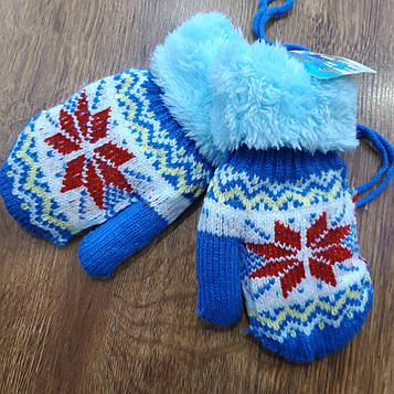Теплі дитячі в'язані, махрові рукавички з мотузкою та відворотом 3-5 років "GLOVES" Блакитні