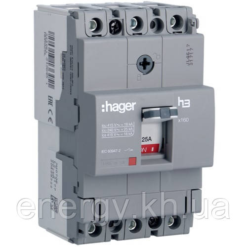 Автоматичний вимикач x160, In=25А, 3п, 18kA, Тфікс/Мфікс, Hager HDA025L