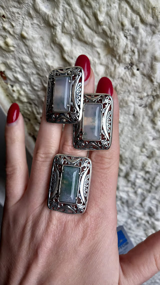 Срібний комплект прямокутної форми з моховим агатом, фото 1