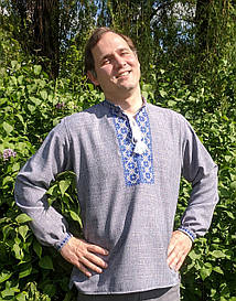 Чоловича сорочка з льону-меланж колір "джинс"