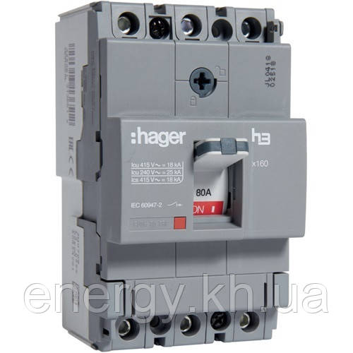 Автоматичний вимикач x160, In=80А, 3п, 18kA, Тфікс/Мфікс, Hager HDA080L, фото 1