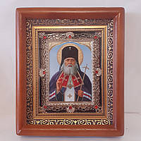 Икона Лука Крымский святой архиепископ, лик 10х12 см, в коричневом деревянном киоте с камнями